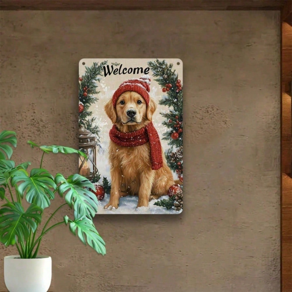 AEELLEEA-Retro Christmas Golden Retriever Welcome Metal Tin Sign, 11.81x7.87 Inch Vintage Wall Plaque, Winter Holiday Aluminum Poster