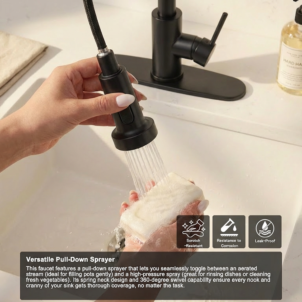 AEELLEEA Matte Black Pull Down Kitchen Faucet, Single Handle Spring Kitchen Sink Faucet with Dual Spray Modes, Deck Mount for Kitchen