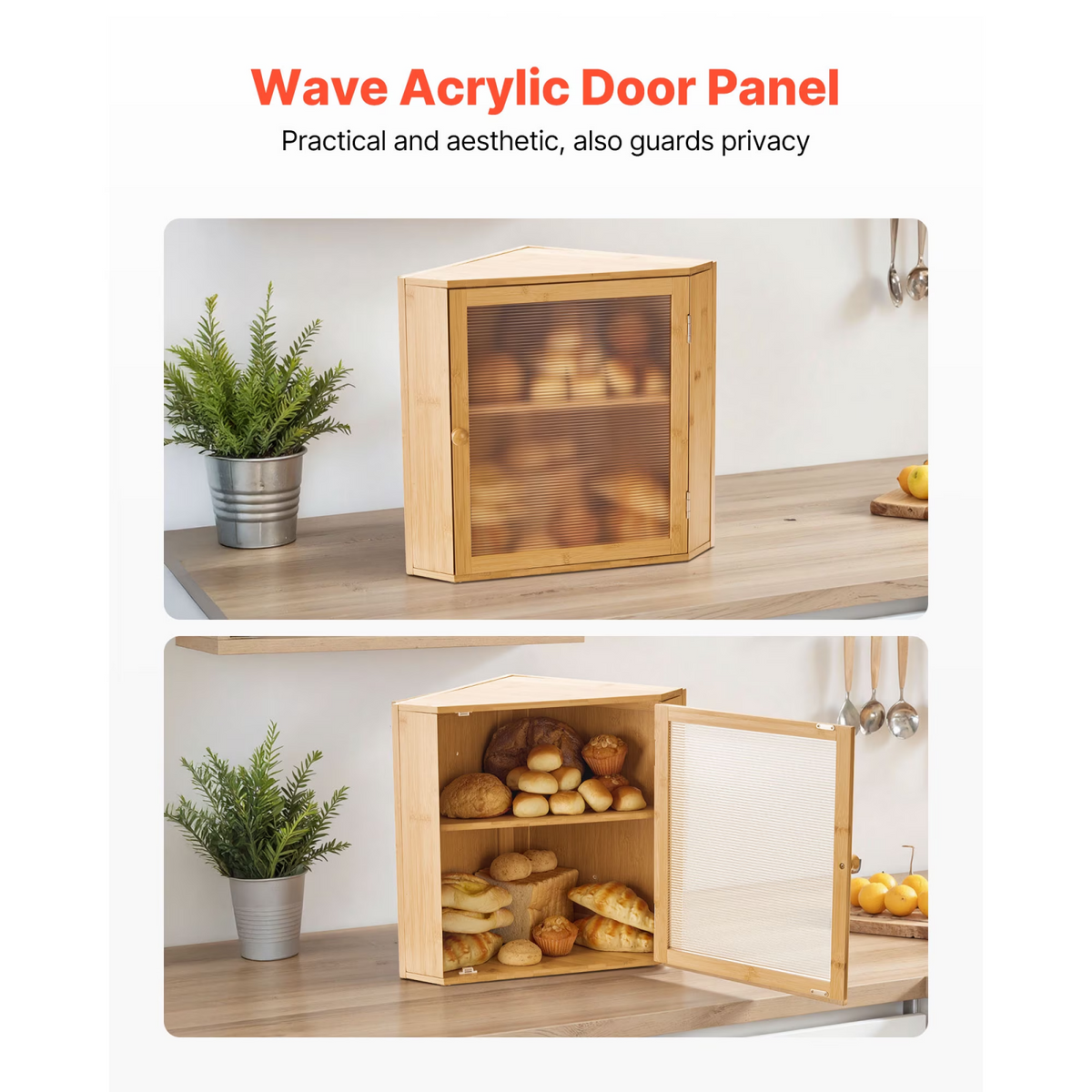 AEELLEEA Natural Bamboo Corner Bread Box for Kitchen Counter, Double Layer Storage Cabinet with Wave Acrylic Door, Adjustable Shelf