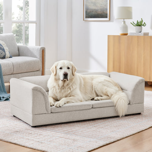 AEELLEEA Jumbo Dog Sofa Bed, Beige Upholstered Pet Couch with Bolster Sides, Large Dog Bed for Dogs up to 150 lbs