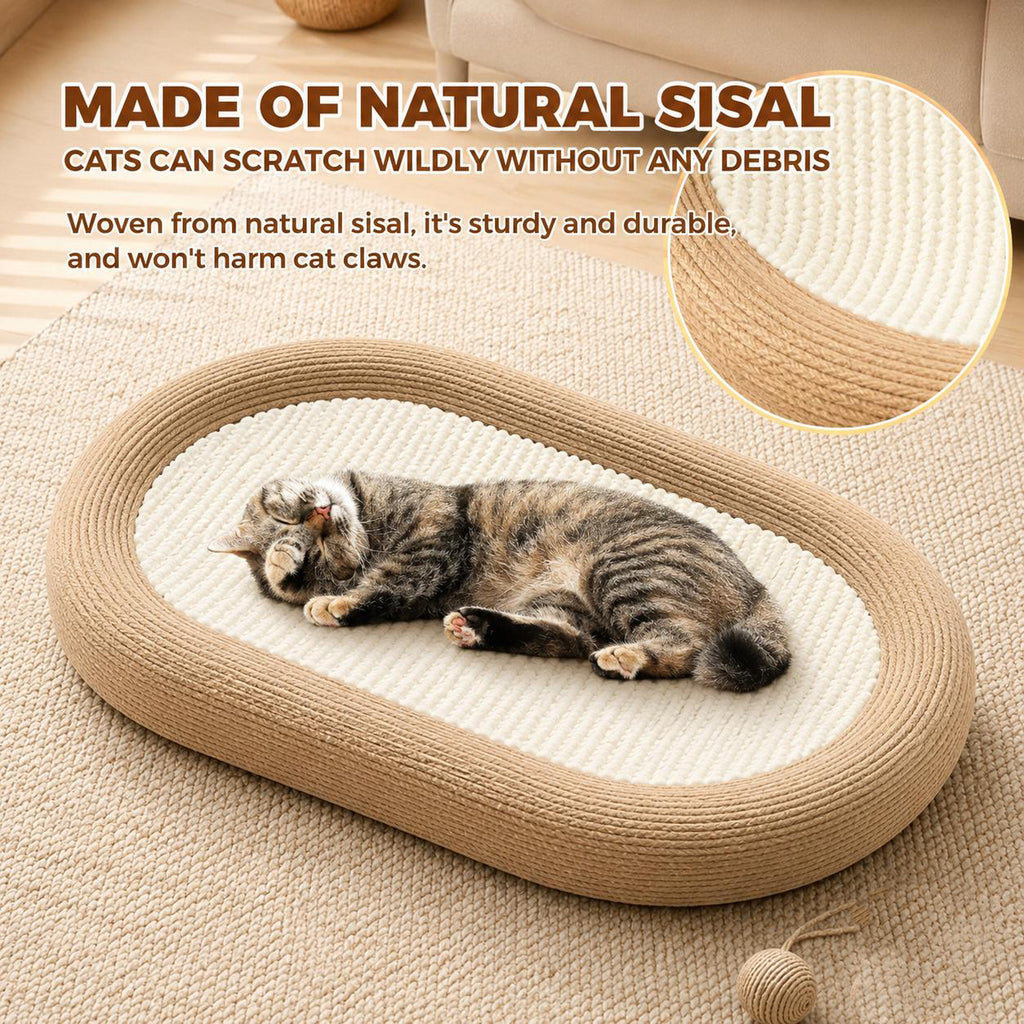 Oval Sisal Cat Scratcher Bed Lounge, 24x15x3.5 Inch Anti-Slip Multi-Purpose Pet Rest Furniture for Indoor Cats