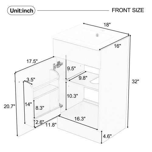 White Bathroom Vanity with Sink 18 Inch, Freestanding Small Bathroom Cabinet with Ceramic Basin, Soft Close Door