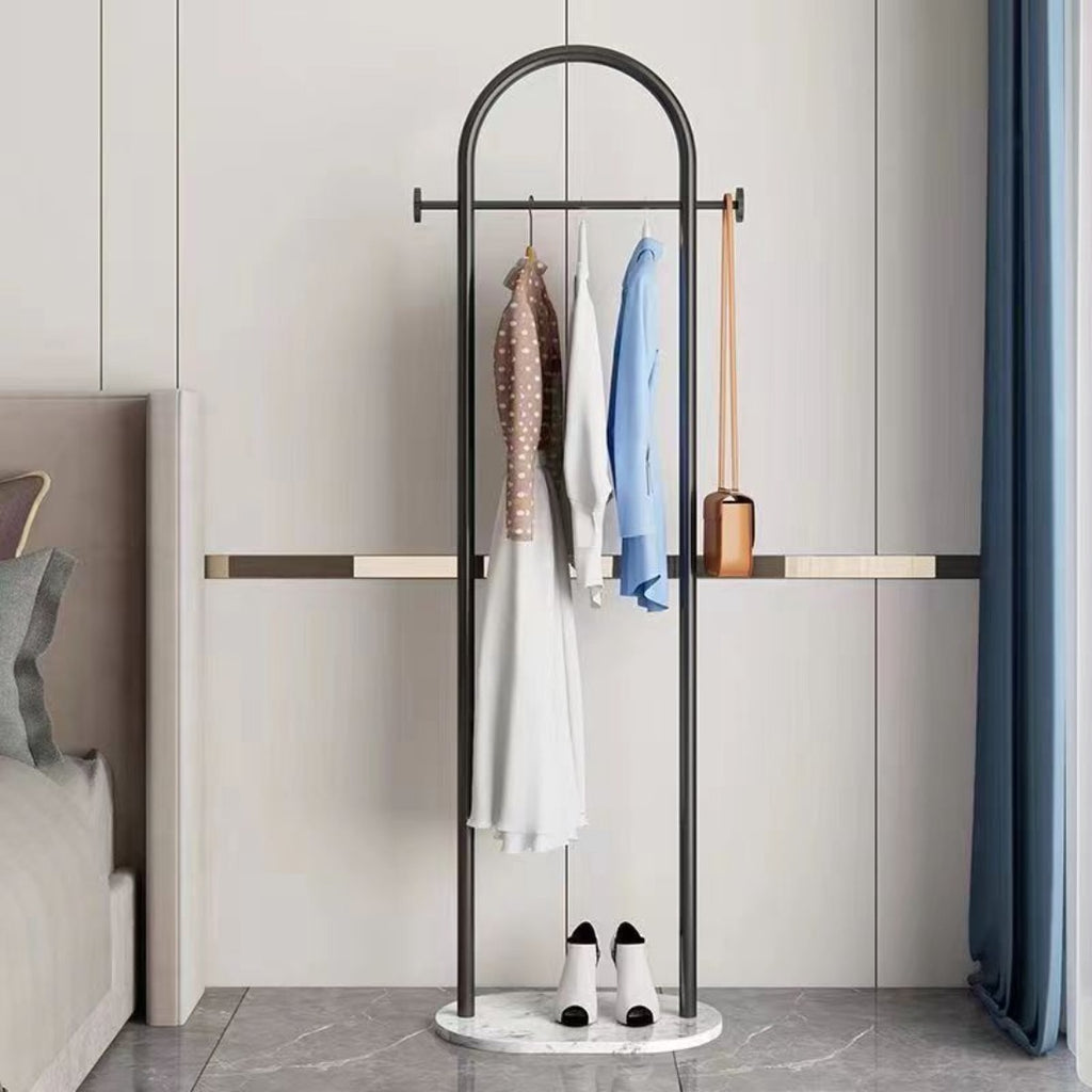 AEELLEEA-Freestanding Metal Coat Rack with Bottom Storage Shelf & Side Hooks, Modern Garment Organizer
