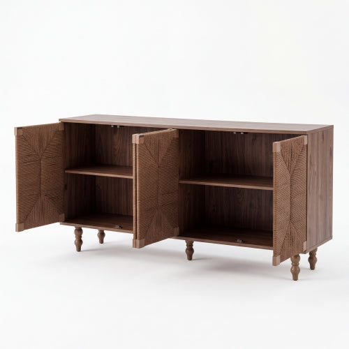 AEELLEEA 59" Walnut Brown Sideboard Buffet Cabinet with 4 Textured Doors, Farmhouse Storage Cabinet with Shelves for Dining Room