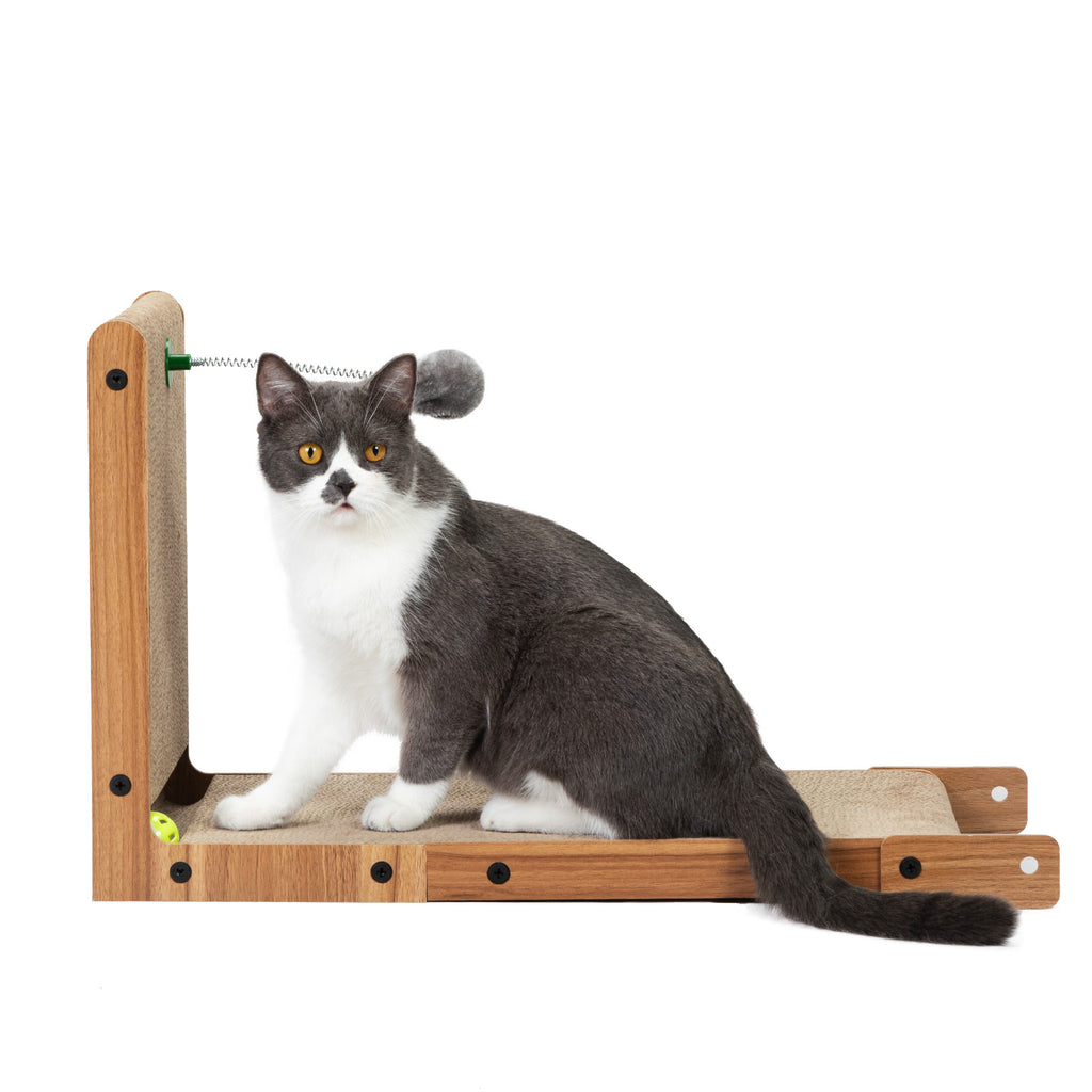 L-Shaped Cat Scratcher, Vertical Corrugated Cardboard Cat Scratching Board with Spring Plush Ball & Bell Toy, Protect Furniture Cat Scratch Pad
