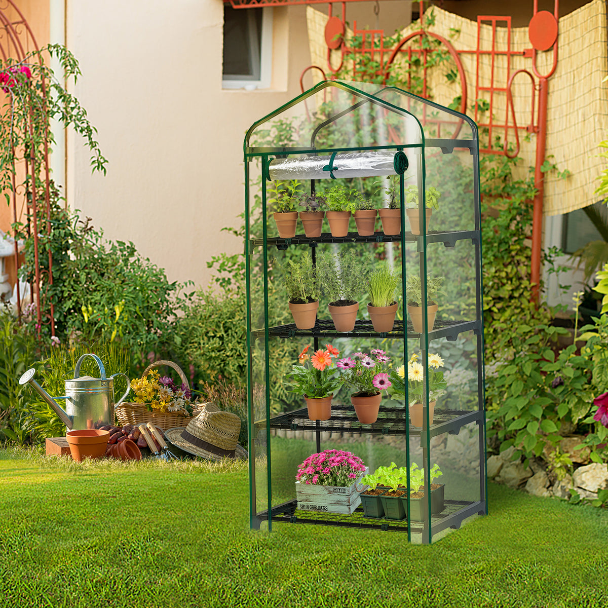 AEELLEEA-4-4-Tier Mini Greenhouse with PVC Cover & Roll-Up Zipper Door, Portable Waterproof Greenhouse for Garden Backyard. 27"x19"x62", transparent cover guards plants, easy to assemble & move, ideal for seedlings