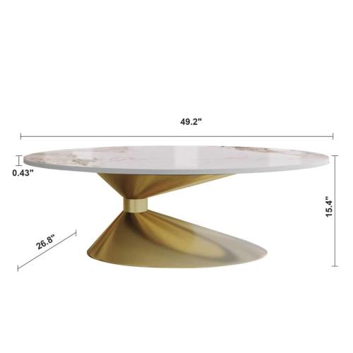 Coffee Table 49.2 Inch, Oval Marble Look Table with Conical Gold Base, Modern Luxury Living Room Center Table