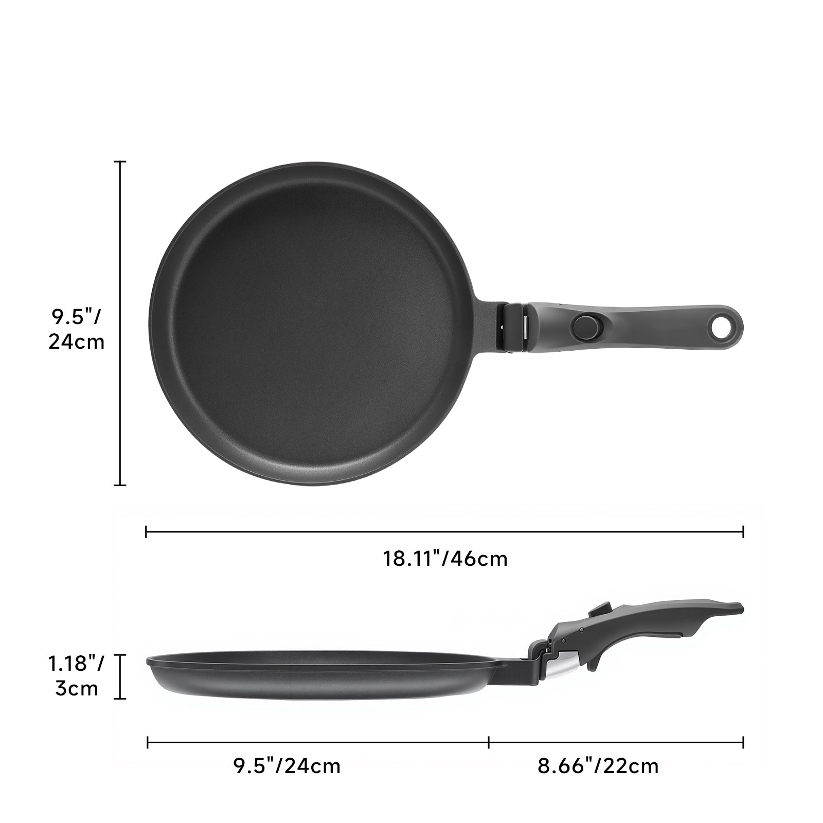 9.5 Inch Nonstick Crepe Pan with Detachable Handle, Titanium Pancake Pan, Flat Tawa Dosa Tortilla Pan, Induction Compatible, Oven Safe, Dishwasher Safe, PTFE & PFOA Free