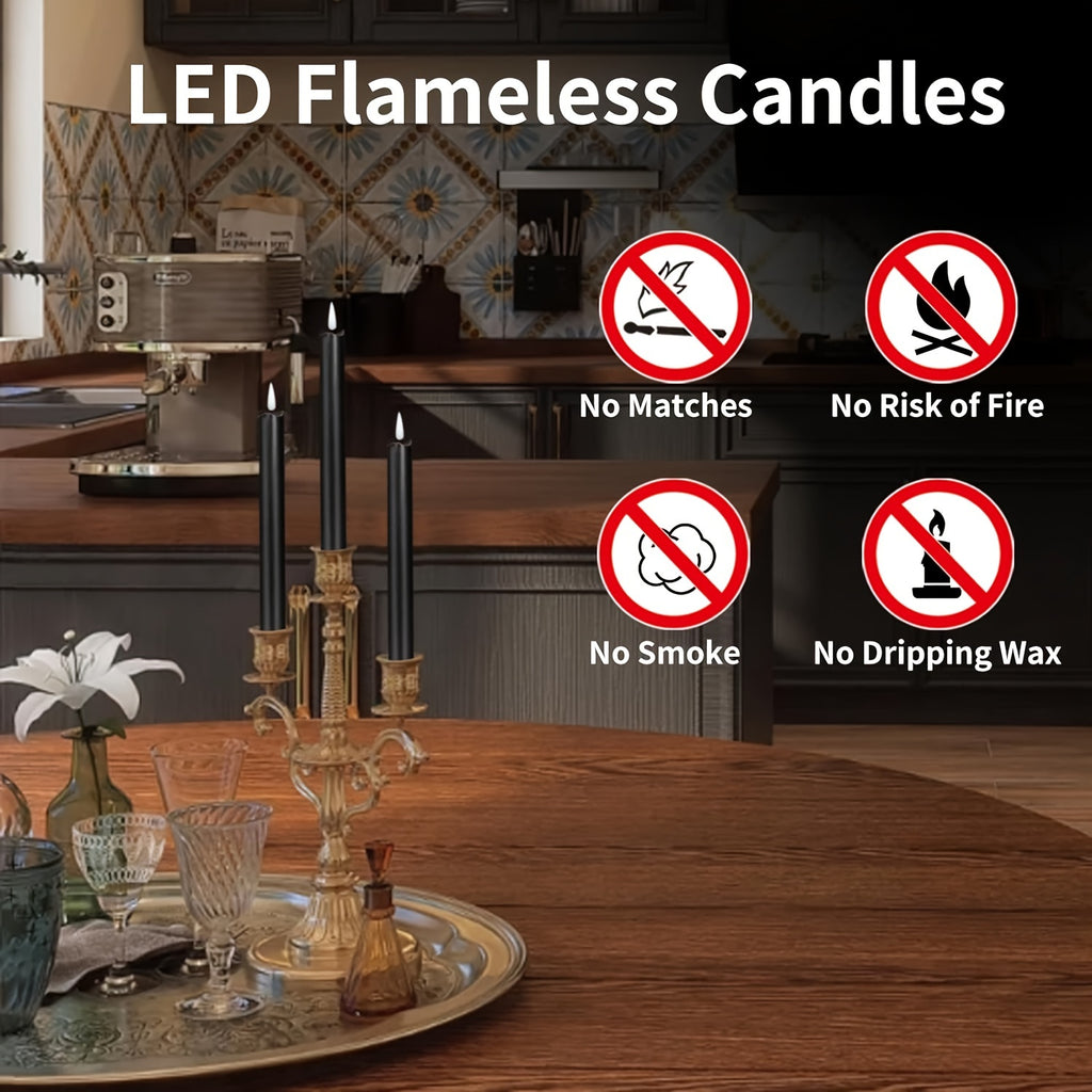 Flameless Black Taper Candles Flickering with 10-Key Remote, LED Warm 3D Wick Light Window Candles Real Wax Pack of 6, Christmas Home Wedding Decor