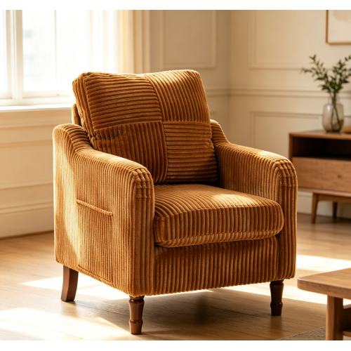 AEELLEEA Mid Century Corduroy Accent Chair, Armchair with Solid Wood Legs & Side Pocket