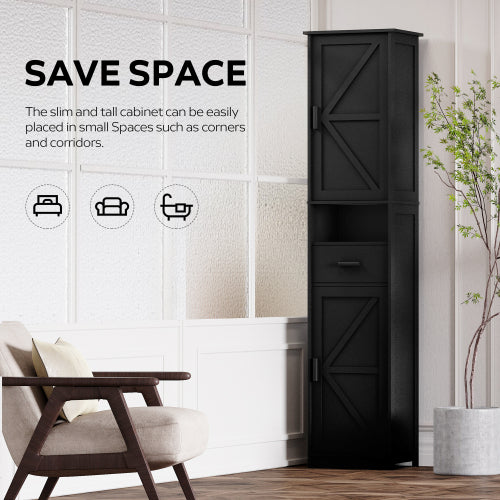 AEELLEEA Tall Narrow Storage Cabinet with Adjustable Shelves, Drawer and 2 Doors, Black