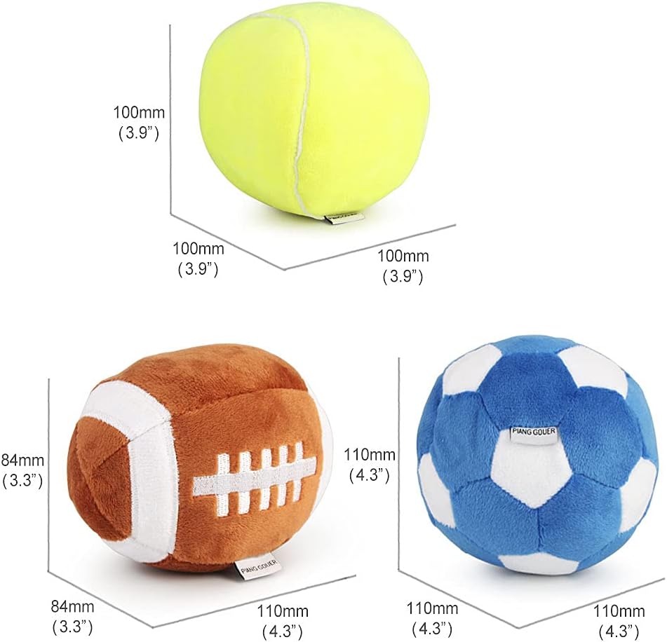 3-PACK Interactive Dog Toys Ball Suitable for Small and Medium Dogs, Soccer Ball, Football and Tennis Balls for Dogs, Stuffed with Fluffy Squeak Dog Toys, Puppy Dog Plush toys, Dog Birthday Gifts