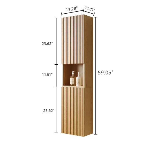 59" Tall Narrow Wall Mounted Bathroom Cabinet, Fluted Linen Storage with Open Shelf, Wood Tower Cabinet for Bathroom Laundry Room