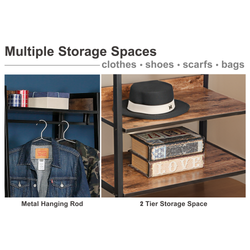 AEELLEEA Industrial Clothing Rack with 2 Storage Shelves, Hanging Rod, Adjustable Feet, Rustic Brown and Black, 66.5 in