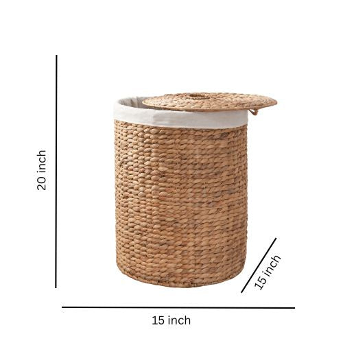 AEELLEEA 15 x 20 Inch Round Woven Water Hyacinth Laundry Hamper with Lid & Removable Liner, Decorative Storage Basket for Bedroom