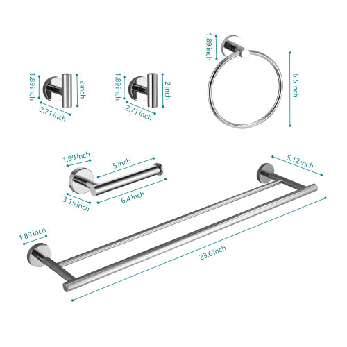 AEELLEEA Chrome & Stainless Steel 5-Piece Bathroom Hardware Set, Rust Resistant, Wall Mount Towel Bar, Ring, Paper Holder & Hooks