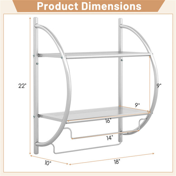 Wall Mounted Bathroom Storage Shelves, 22 Inch Rustproof Metal Towel Rack with 2 Open Shelves and 2 Hanging Bars for Towels Toiletries, Over Toilet