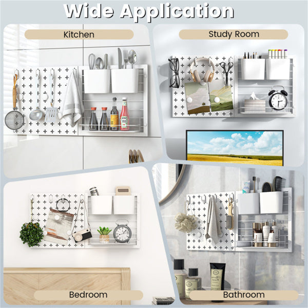 AEELLEEA Wall-Mounted Pegboard Organizer with Storage Bins, Hooks, Magnets and Shelf, Metal Wall Storage for Kitchen or Office