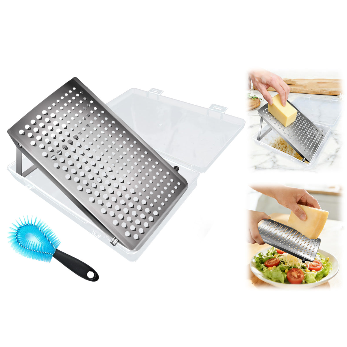 Food Grade Stainless Steel Cheese Grater with Storage Box & Brush, Multi-use for Cheese, Ginger, Garlic & Chocolate