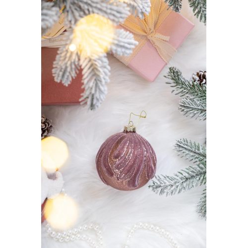 AEELLEEA 3.9" Dusty Pink Flocked Wave Glass Christmas Ornaments Set of 6, Glitter Hanging Baubles for Xmas Tree Holiday Home Decor