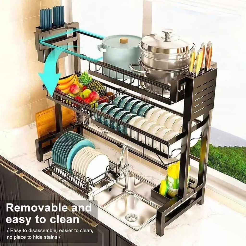 AEELLEEA-Over The Sink Dish Drying Rack, Telescopic 2 Tier Large Capacity Dish Rack, Kitchen Counter Storage Shelf for Plates Bowls Pots