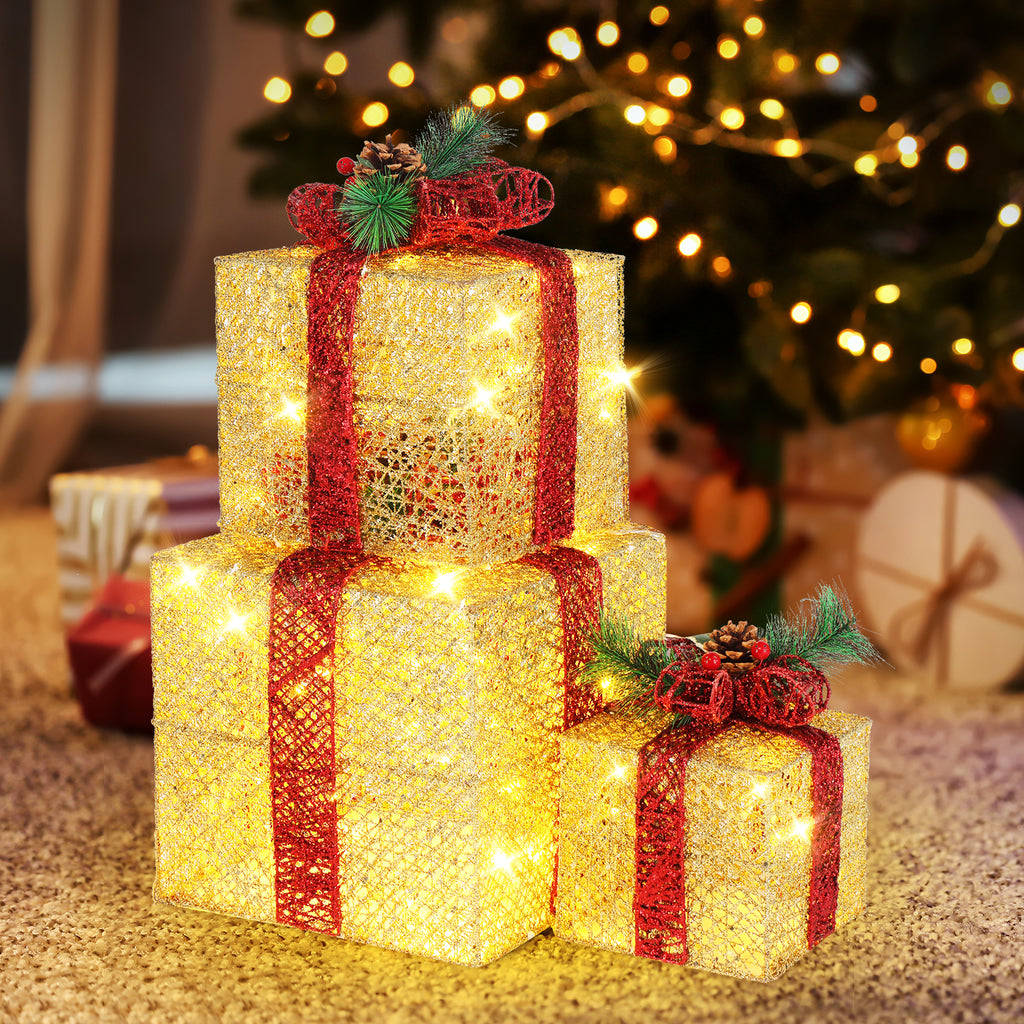 AEELLEEA-3Pcs Golden Lighted Gift Box Decor Set, 10/8/6 Inch, with 5M UK Plug Power Cord, Illuminated Gift Boxes for Christmas Holiday Garden Indoor Outdoor Decoration
