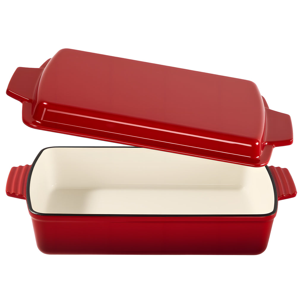 Enameled Cast Iron Rectangular Casserole Dish with Lid, Red & Blue Available, Heavy-Duty Bakeware for Braising, Roasting & Baking