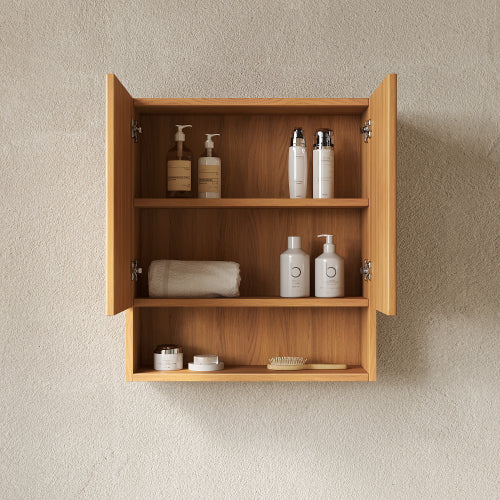 26" Natural Wood Fluted Wall Mounted Bathroom Cabinet, Storage with 2 Doors Open Shelf, Modern Wall Cabinet for Bathroom Kitchen Living Room