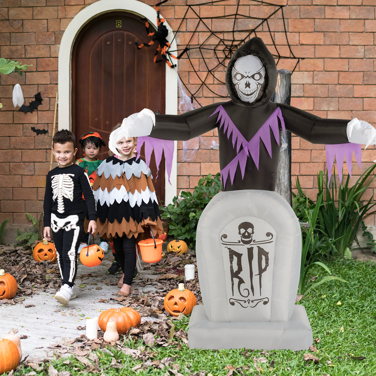 6ft Halloween Inflatable Grim Reaper with Grave, 3 LED String Lights, 12V Waterproof Outdoor Yard Lawn Decoration with Stakes & Sandbags