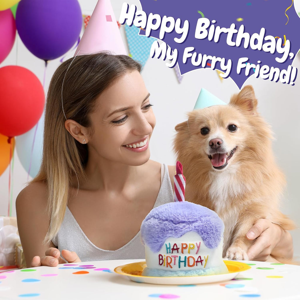 Dog Happy Birthday Cake Toy with Squeaker and Crinkle, Stuffed Plush Puppy Present for Birthday Party, Dog Toy for Small Medium