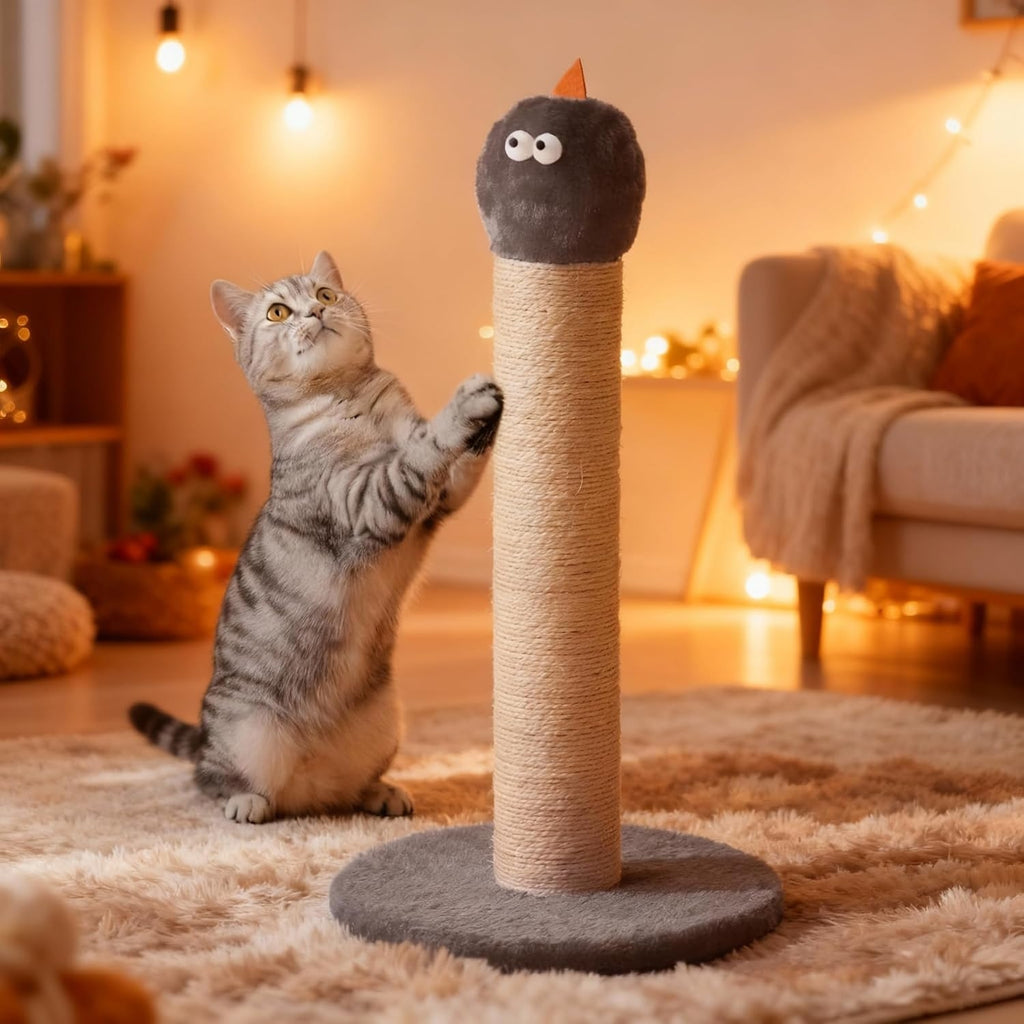 22" Cat Scratching Post, Sisal Scratcher with Interactive Hanging Toy, Monster Design for Indoor Cats, Fits Kittens & Large Cats, Grey