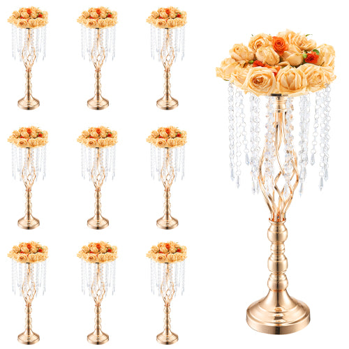 Set of 10 Gold Crystal Wedding Flower Stands, 21.65 Inch Tall Metal Floral Centerpieces for Party Reception Decor