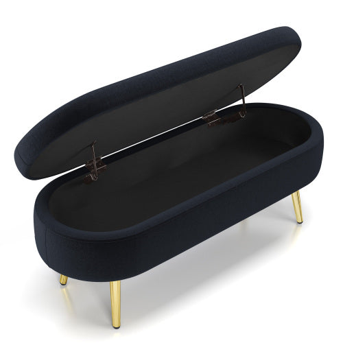 AEELLEEA 43 Inch Oval Storage Ottoman Bench, Black Textured Fabric Bench with Gold Metal Legs for Bedroom Entryway