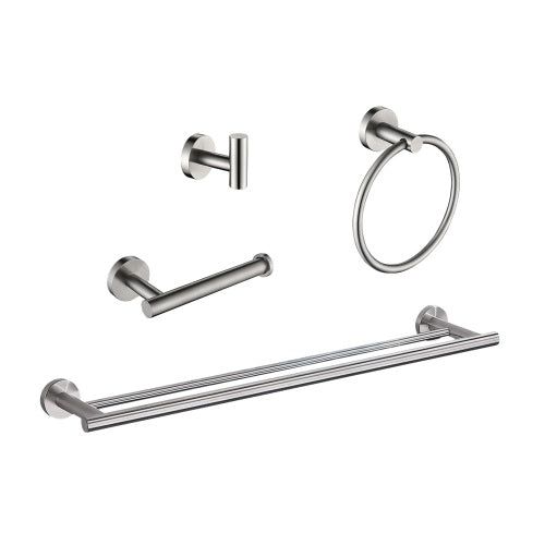 AEELLEEA 4-Piece Brushed Nickel Bathroom Set, 23.6" Double Towel Bar Ring Toilet Paper Holder Robe Hook Wall Mount Kit