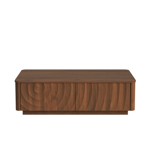 AEELLEEA Modern Walnut Coffee Table with Storage Drawer, Rectangular Living Room Table with Wave Pattern Design
