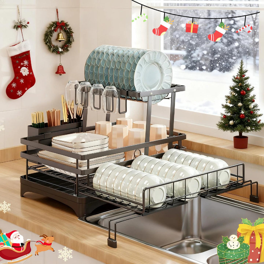 AEELLEEA-Over Sink 2-Tier Pull-Out Foldable Dish Drying Rack with Utensil Holder