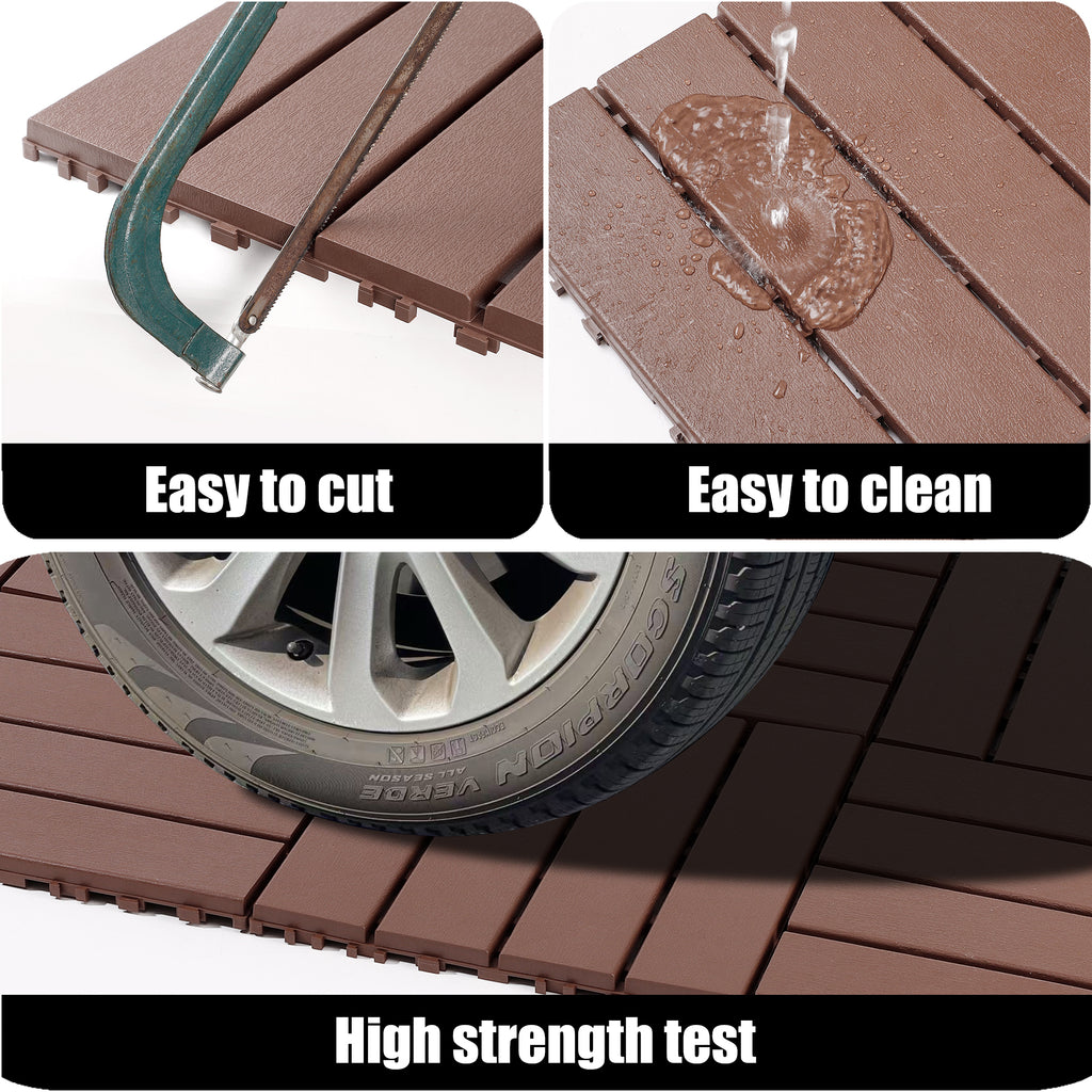 AEELLEEA 12 Inch Brown PP Interlocking Deck Tiles, 44 Pack Waterproof Patio Flooring Tiles, Non-Slip Drainage Outdoor Decking for Backyard Poolside Balcony