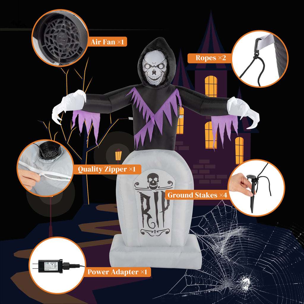 6ft Halloween Inflatable Grim Reaper with Grave, 3 LED String Lights, 12V Waterproof Outdoor Yard Lawn Decoration with Stakes & Sandbags