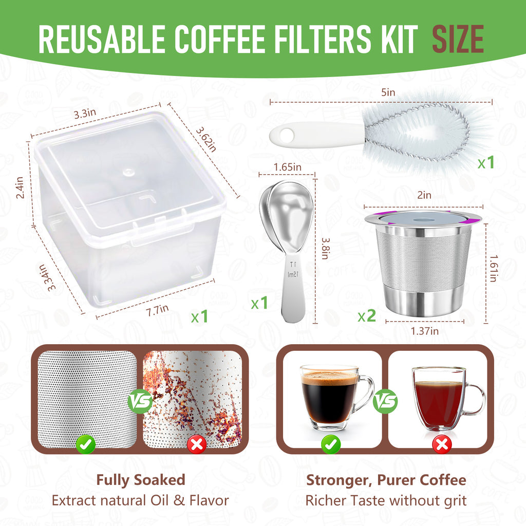 AEELLEEA 2 Pack Reusable K Cups, 304 Stainless Steel Coffee Pods with Scoop Brush Storage Box for 1-Prong Keurig