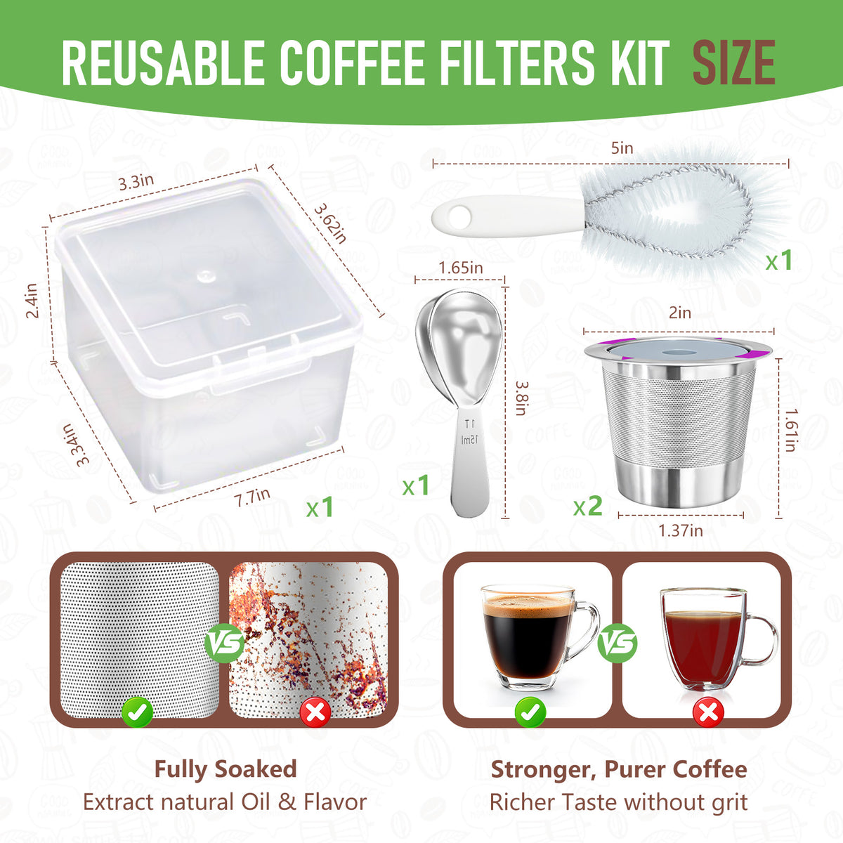 AEELLEEA 2 Pack Reusable K Cups, 304 Stainless Steel Coffee Pods with Scoop Brush Storage Box for 1-Prong Keurig