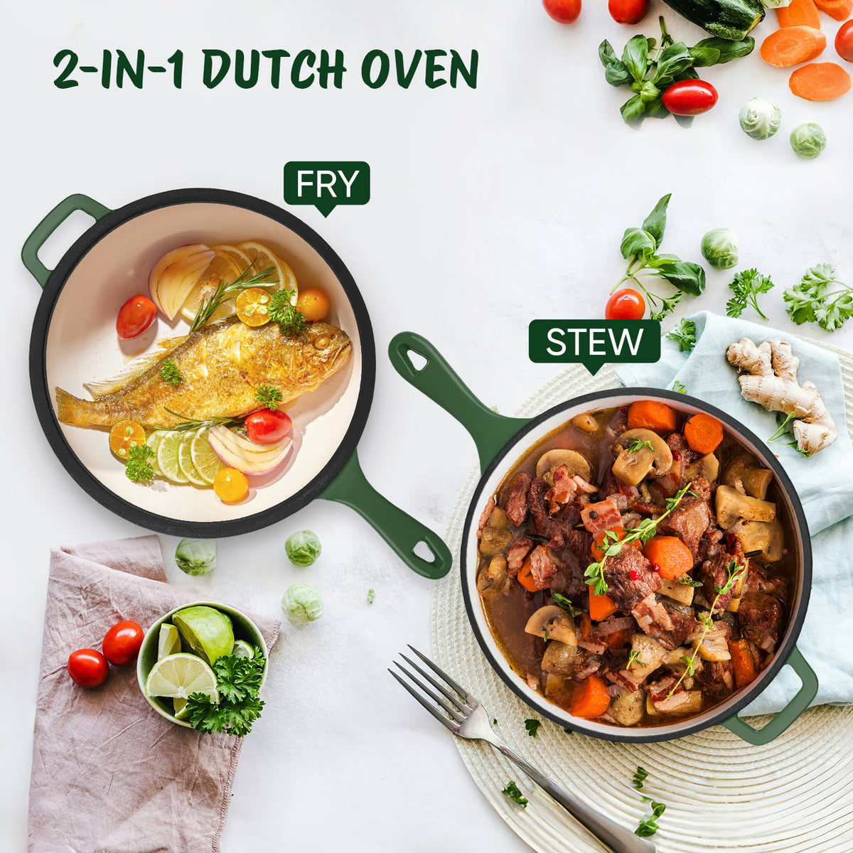 2-in-1 Enameled Cast Iron Combo Cooker, Dutch Oven with Skillet Lid, Multi-use Braising Pot for Stovetop & Oven, Green / Orange Available