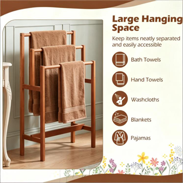 AEELLEEA 3-Tier Wooden Towel Rack, Freestanding Solid Hardwood Towel Holder for Bathroom, Bedroom and Blankets