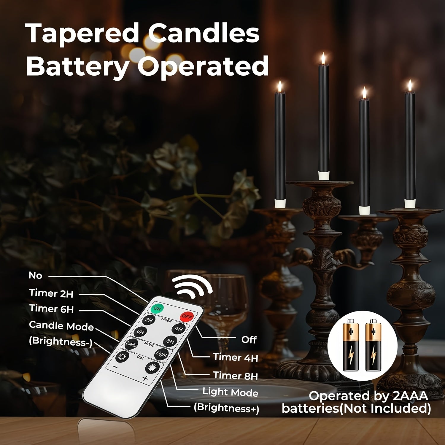 Flameless Black Taper Candles Flickering with 10-Key Remote, LED Warm 3D Wick Light Window Candles Real Wax Pack of 6, Christmas Home Wedding Decor