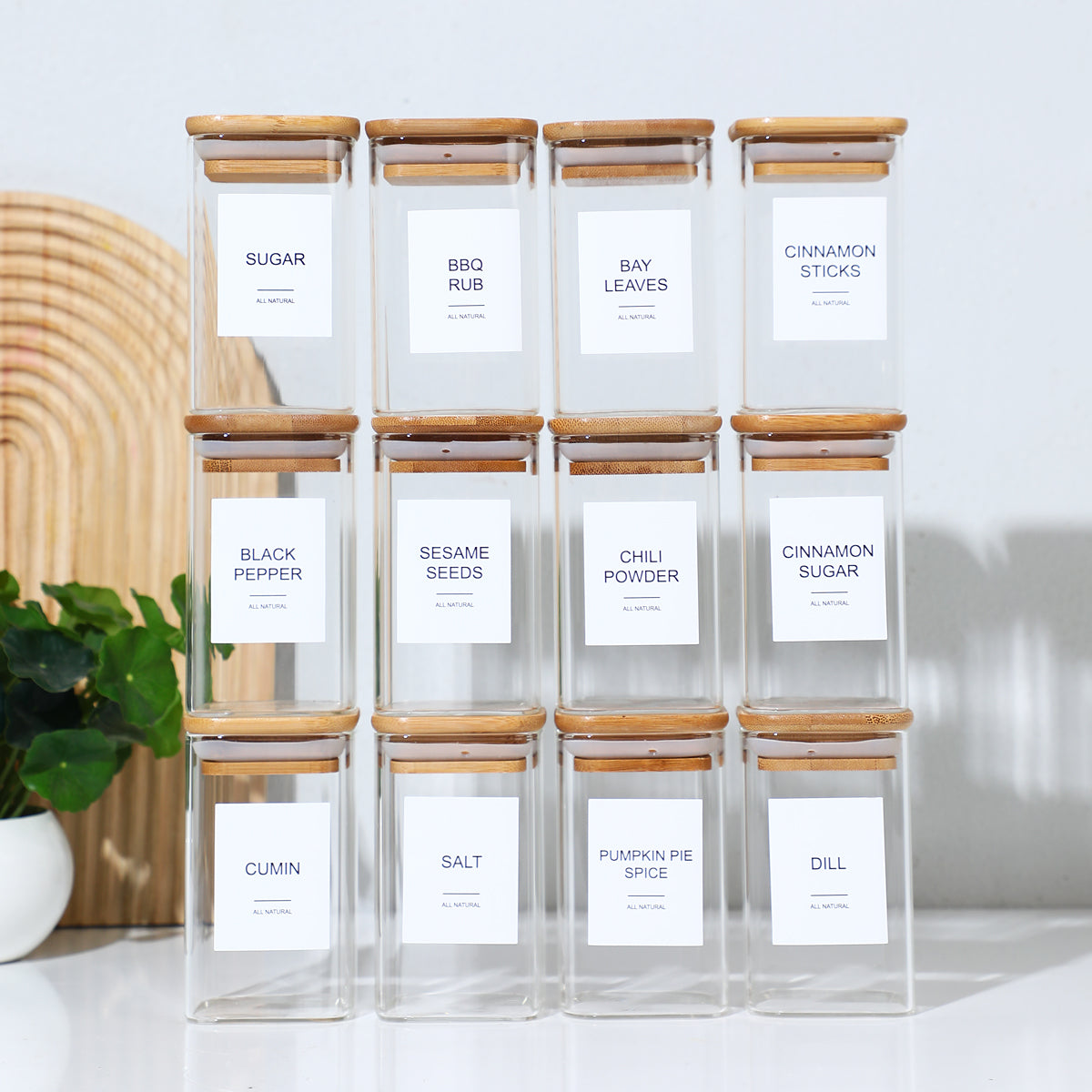 12-Pack 4 oz Square Glass Spice Jars with Bamboo Lids and 70 Labels, Clear Seasoning Storage Containers