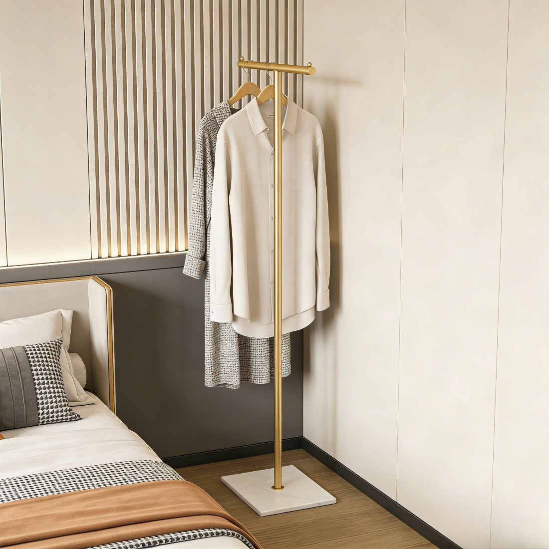 Gold Metal Freestanding Clothing Rack, Modern T-Shaped Garment Rack with White Marble Base for Bedroom Entryway