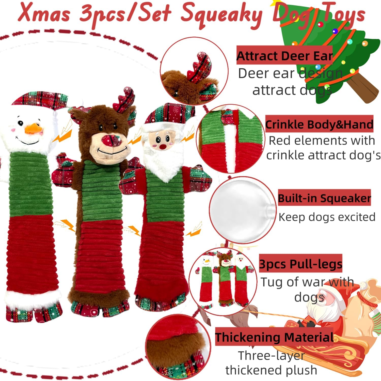 3PCS Christmas Dog Squeaky Toys with Crinkle, Xmas Interactive Plush Toys to Boredom, Dog Enrichment Chew Toys to Keep Them Busy, for Small Medium Large Size Santa Claus/Snowman/Deer