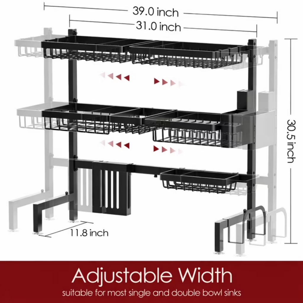 AEELLEEA Over The Sink Dish Drying Rack, Expandable 31"-39" 304 Stainless Steel Large Dish Drainer for Kitchen Counter, Black