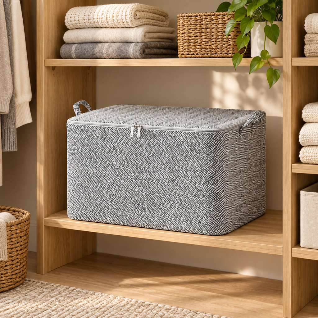 220L Large Fabric Storage Bin with Zipper Lid, Herringbone Foldable Clothes Blanket Organizer with Handles for Closet Bedroom Laundry
