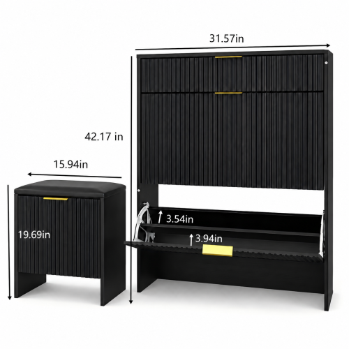 AEELLEEA Fluted Black Shoe Storage Cabinet Set with Padded Shoe Bench, Flip Drawer Narrow Shoe Organizer for Entryway