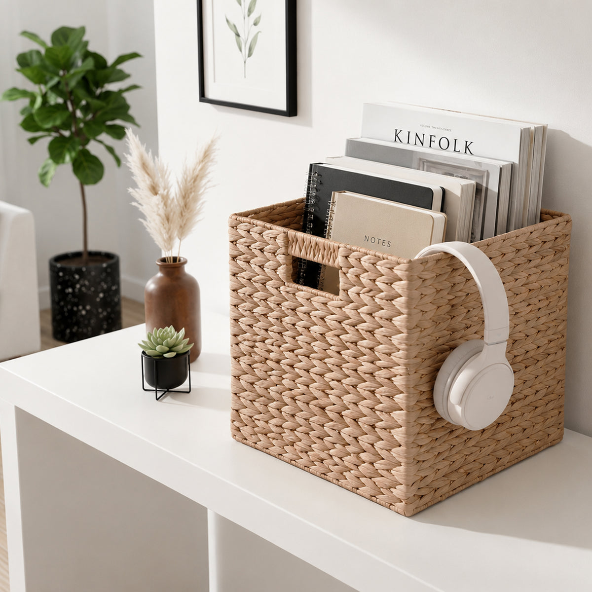 Water Hyacinth Folding Storage Baskets, Set of 2, 12.6" x 12.6" x 12.6", Handwoven Cube Baskets with Cutout Handles – Shelf Organizer